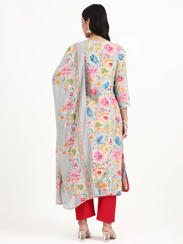 Grey Lensing A Line Latest Yoke Design Kurta Pant Dupatta Set