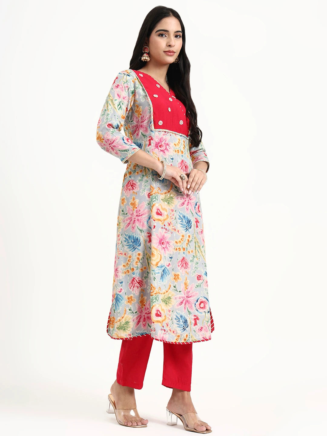 Grey Lensing A Line Latest Yoke Design Kurta Pant Dupatta Set