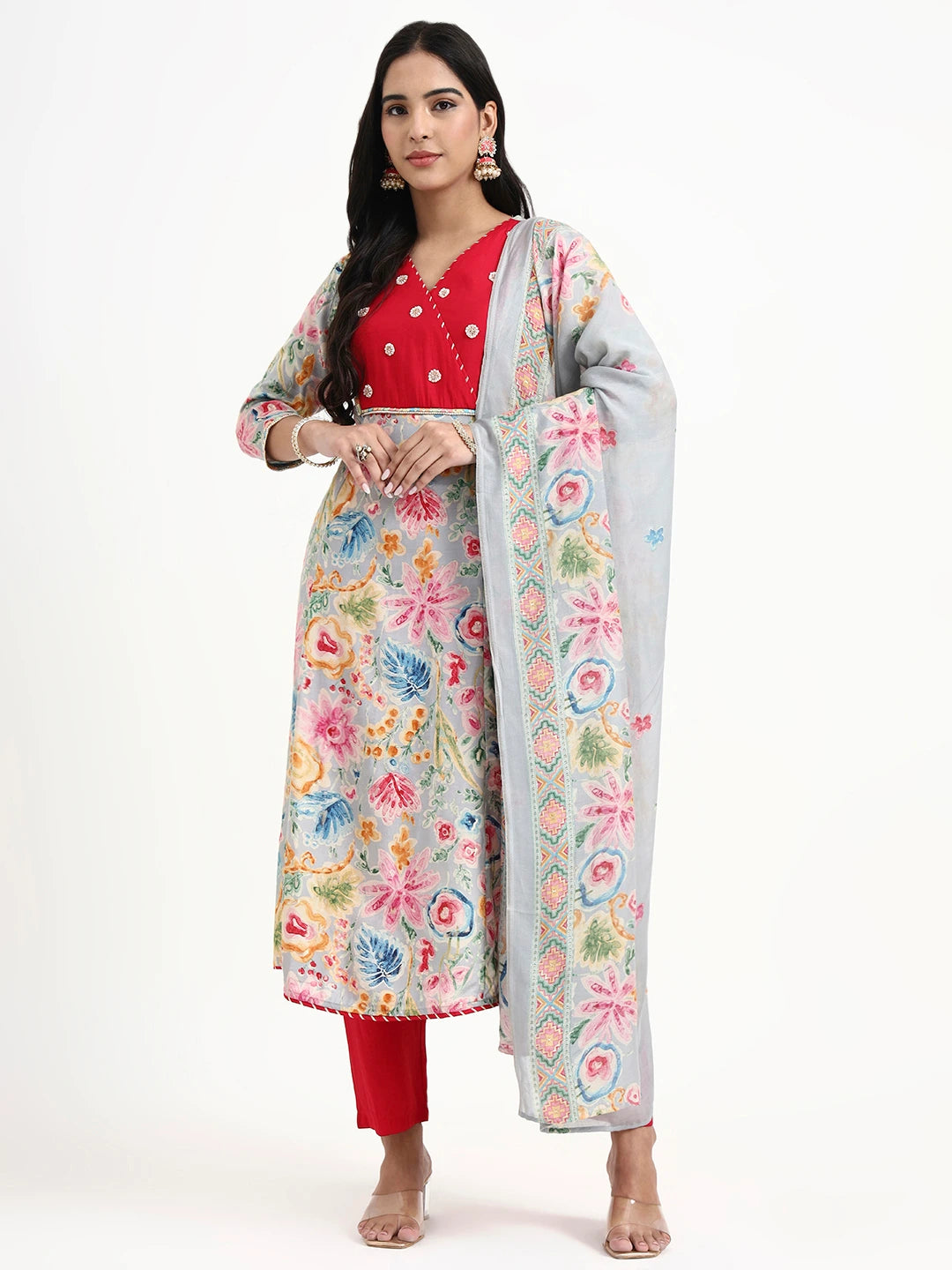 Grey Lensing A Line Latest Yoke Design Kurta Pant Dupatta Set