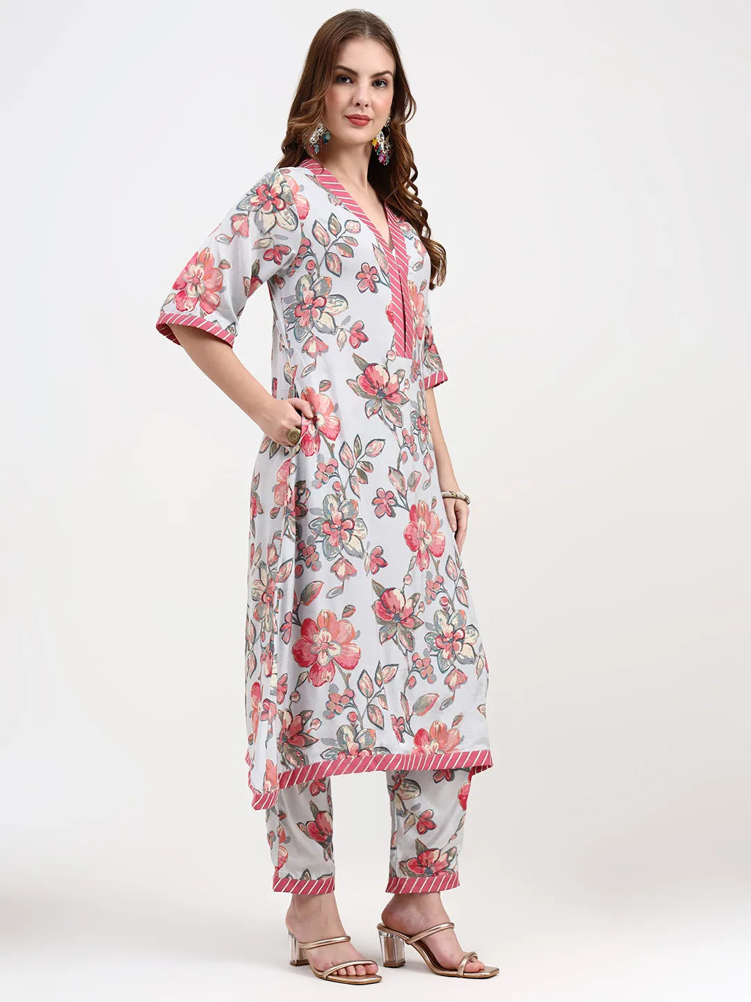 Grey Lensing Flare Kurta Dupatta Set