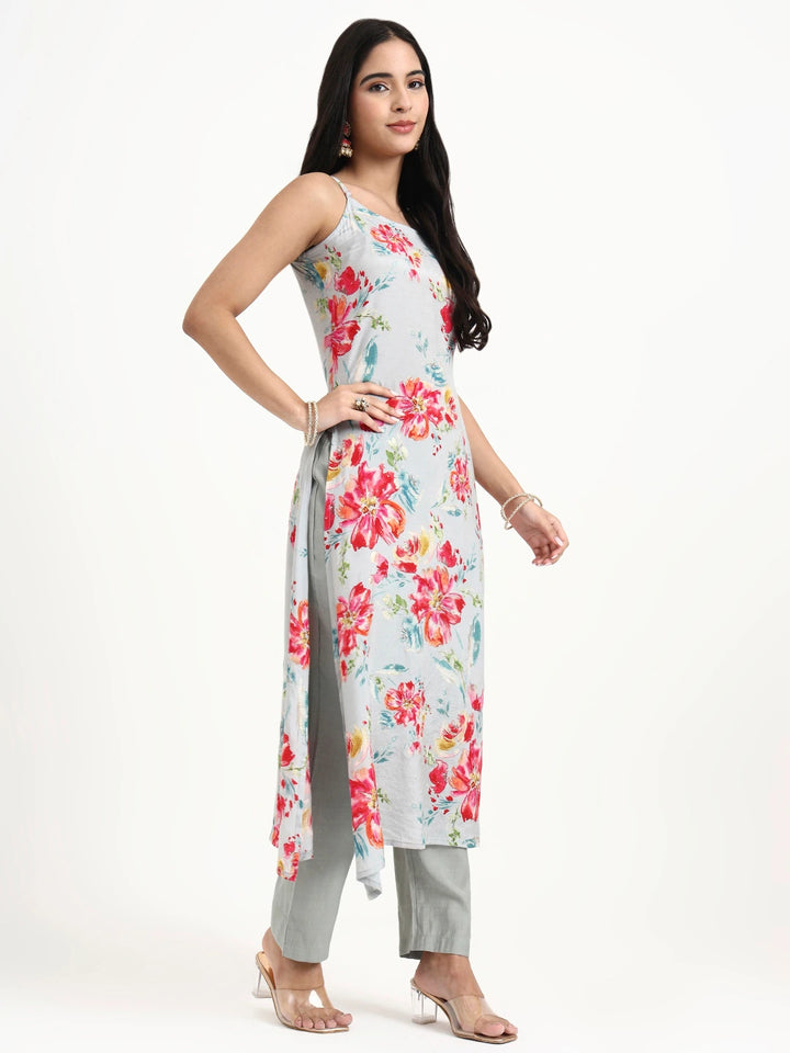 Grey Lensing Straight Kurta Set