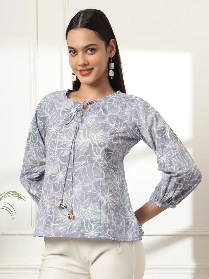 Grey Printed Cotton Peplum Top-Yufta Store-6139TOPGYS