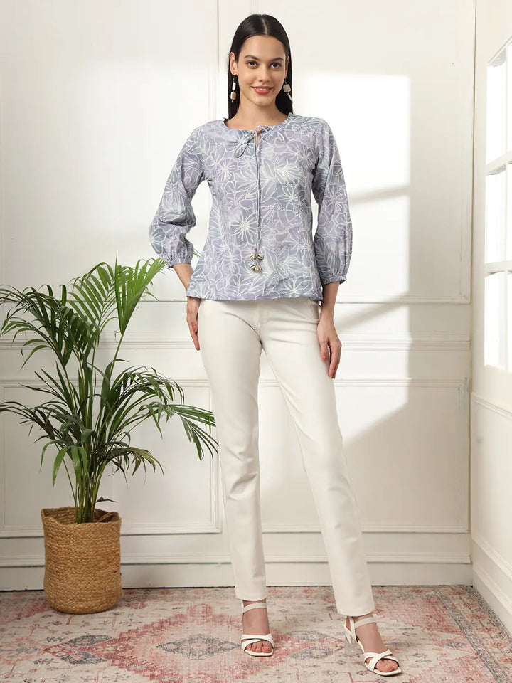 Grey Printed Cotton Peplum Top-Yufta Store-6139TOPGYS