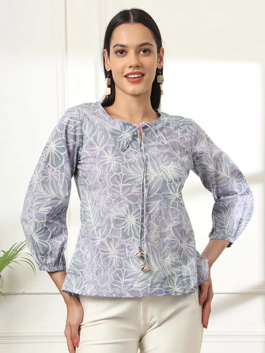 Grey Printed Cotton Peplum Top-Yufta Store-6139TOPGYS