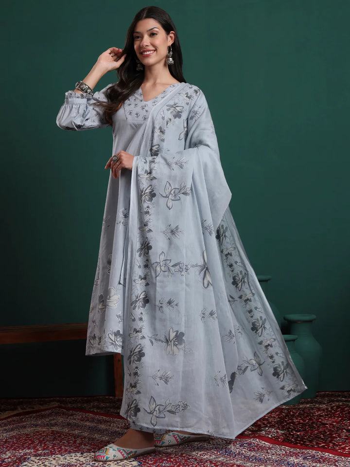 Grey Pure Cotton Floral Beads And Stones Kurta Pants & Dupatta Set-Yufta Store-6711SKDGYM
