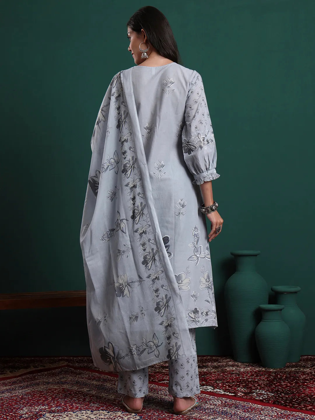 Grey Pure Cotton Floral Beads And Stones Kurta Pants & Dupatta Set-Yufta Store-6711SKDGYM
