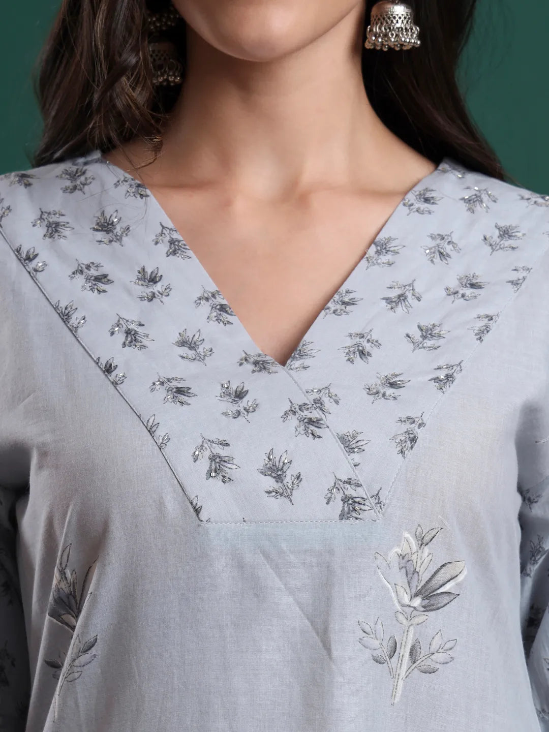 Grey Pure Cotton Floral Beads And Stones Kurta Pants & Dupatta Set-Yufta Store-6711SKDGYM