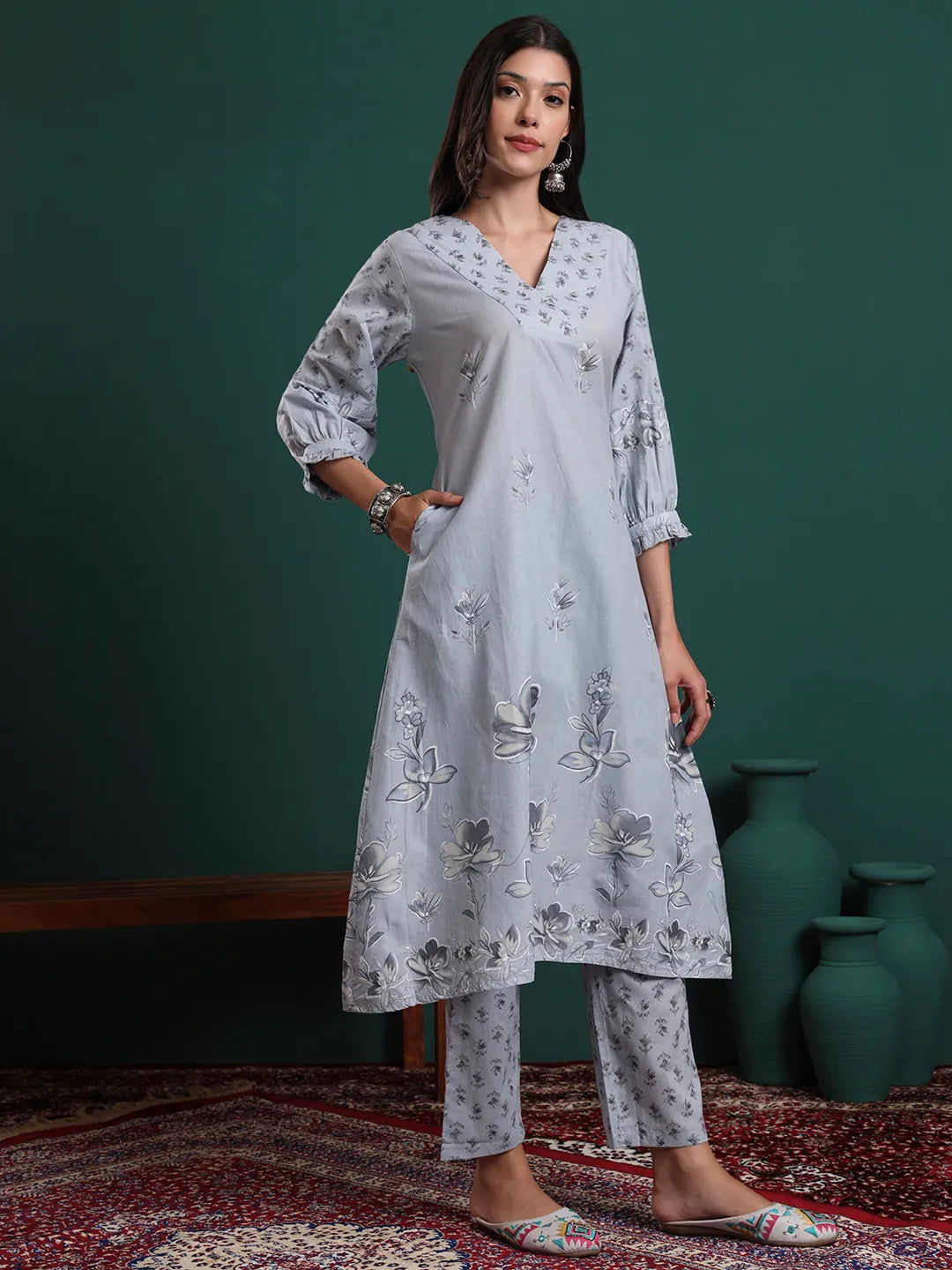 Grey Pure Cotton Floral Beads And Stones Kurta Pants & Dupatta Set-Yufta Store-6711SKDGYM
