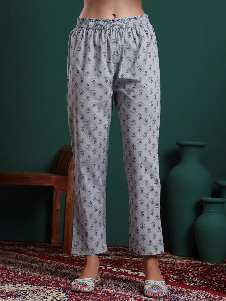 Grey Pure Cotton Floral Beads And Stones Kurta Pants & Dupatta Set-Yufta Store-6711SKDGYM