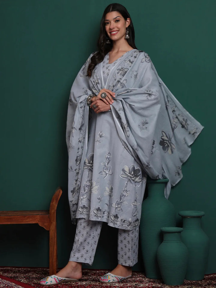 Grey Pure Cotton Floral Beads And Stones Kurta Pants & Dupatta Set-Yufta Store-6711SKDGYM