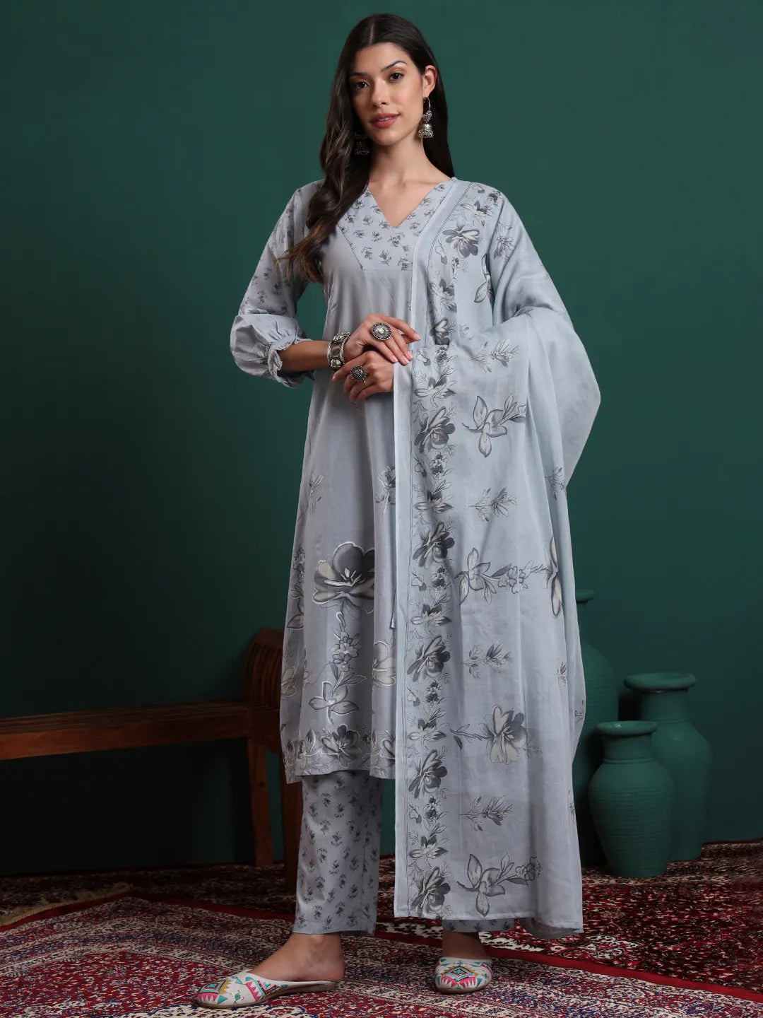 Grey Pure Cotton Floral Beads And Stones Kurta Pants & Dupatta Set-Yufta Store-6711SKDGYM