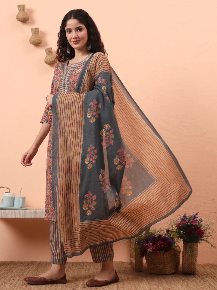 Grey Pure Cotton Mirror Work Kurta Dupatta Pant Set-Yufta Store-6546SKDGYM