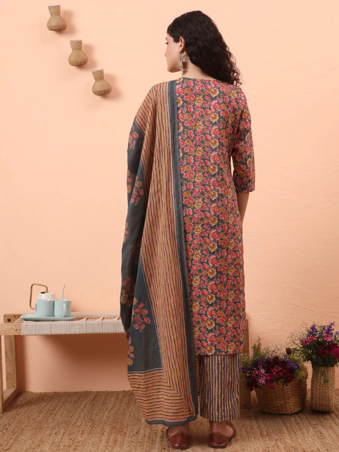 Grey Pure Cotton Mirror Work Kurta Dupatta Pant Set-Yufta Store-6546SKDGYM