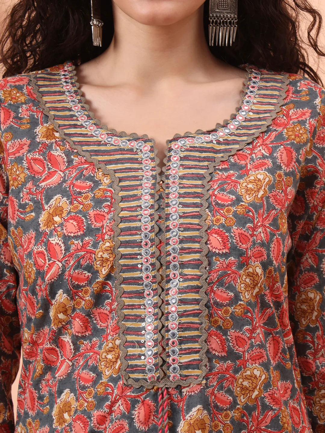 Grey Pure Cotton Mirror Work Kurta Dupatta Pant Set-Yufta Store-6546SKDGYM