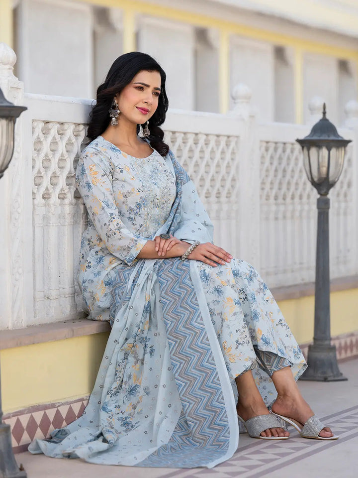 Grey Sequins_Work Anarkali Kurta Trouser And Dupatta Set-Yufta Store-6910SKDGYS