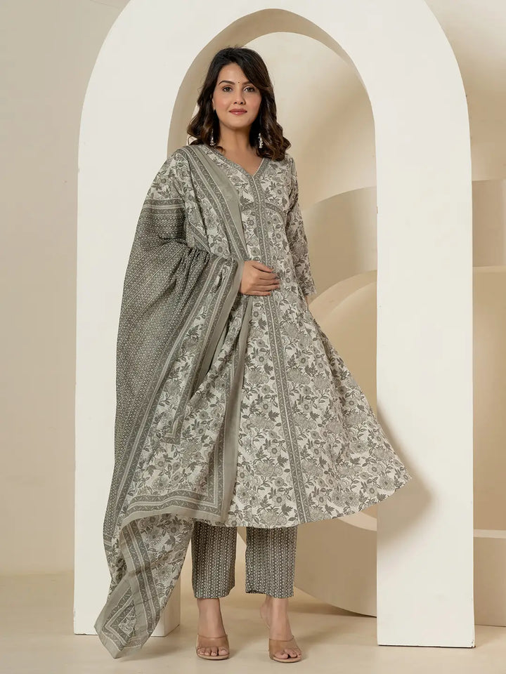 Grey Sequins_Work Pure Cotton Anarkali Kurta And Dupatta Set-Yufta Store-6994SKDGYS