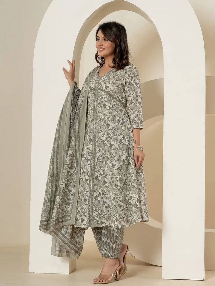 Grey Sequins_Work Pure Cotton Anarkali Kurta And Dupatta Set-Yufta Store-6994SKDGYS