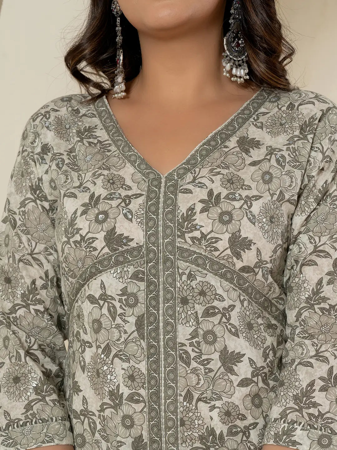 Grey Sequins_Work Pure Cotton Anarkali Kurta And Dupatta Set-Yufta Store-6994SKDGYS