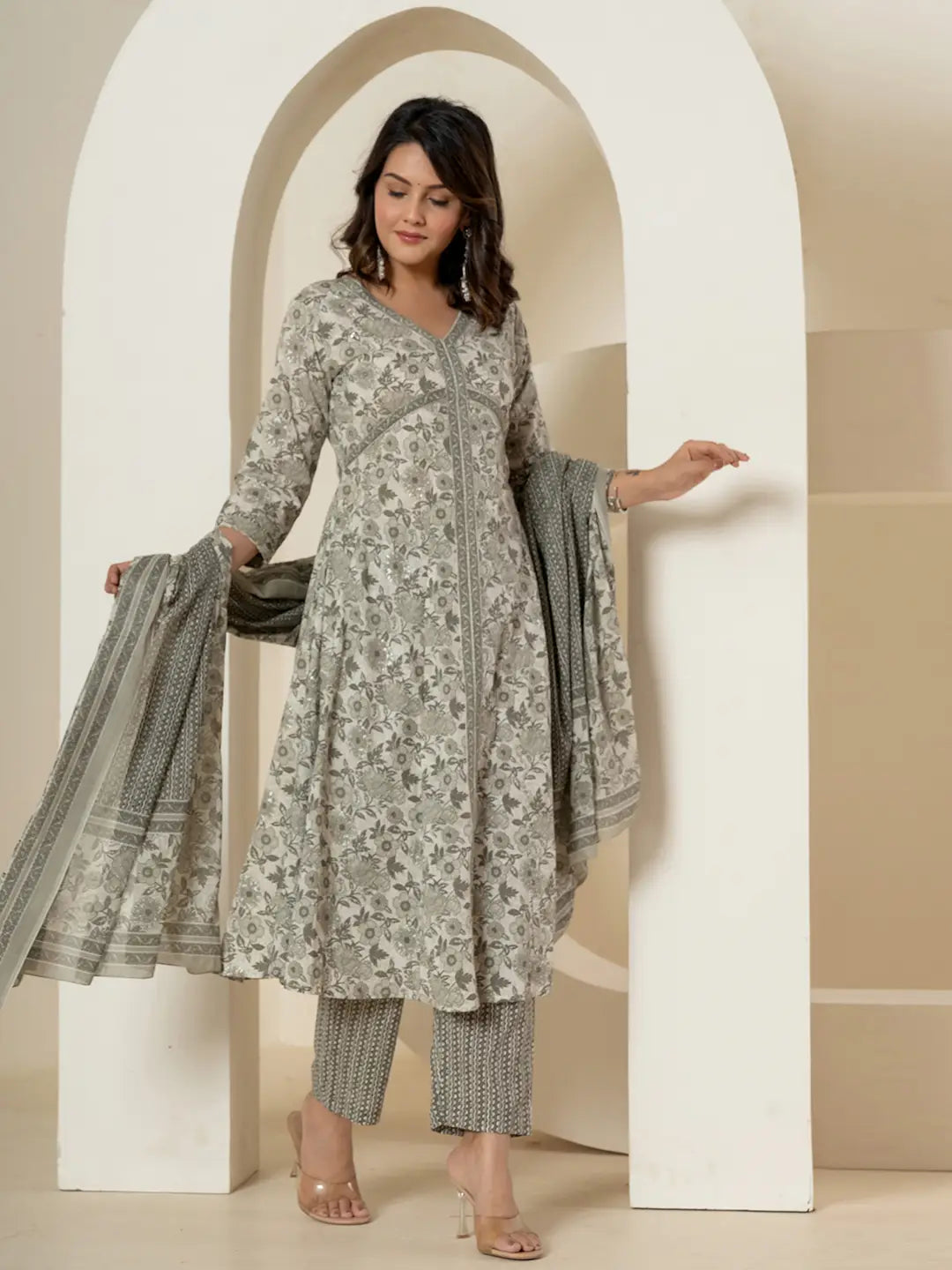 Grey Sequins_Work Pure Cotton Anarkali Kurta And Dupatta Set-Yufta Store-6994SKDGYS