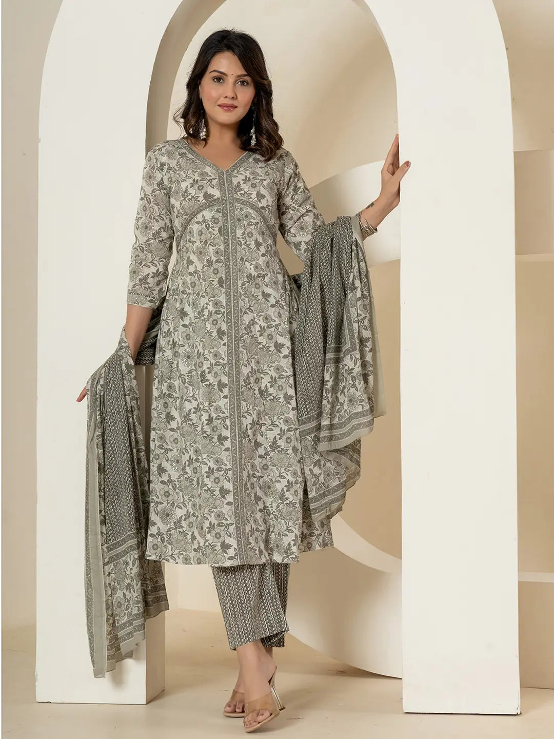 Grey Sequins_Work Pure Cotton Anarkali Kurta And Dupatta Set-Yufta Store-6994SKDGYS