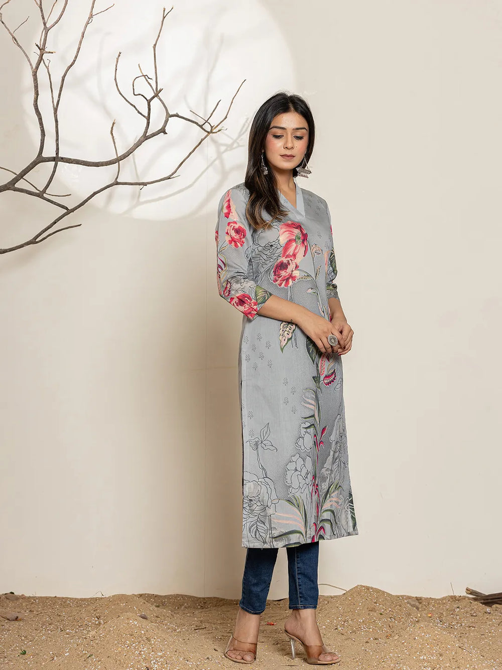 Grey Silk Blend Digital Floral Print Kurta-Yufta Store-6999KURGYS