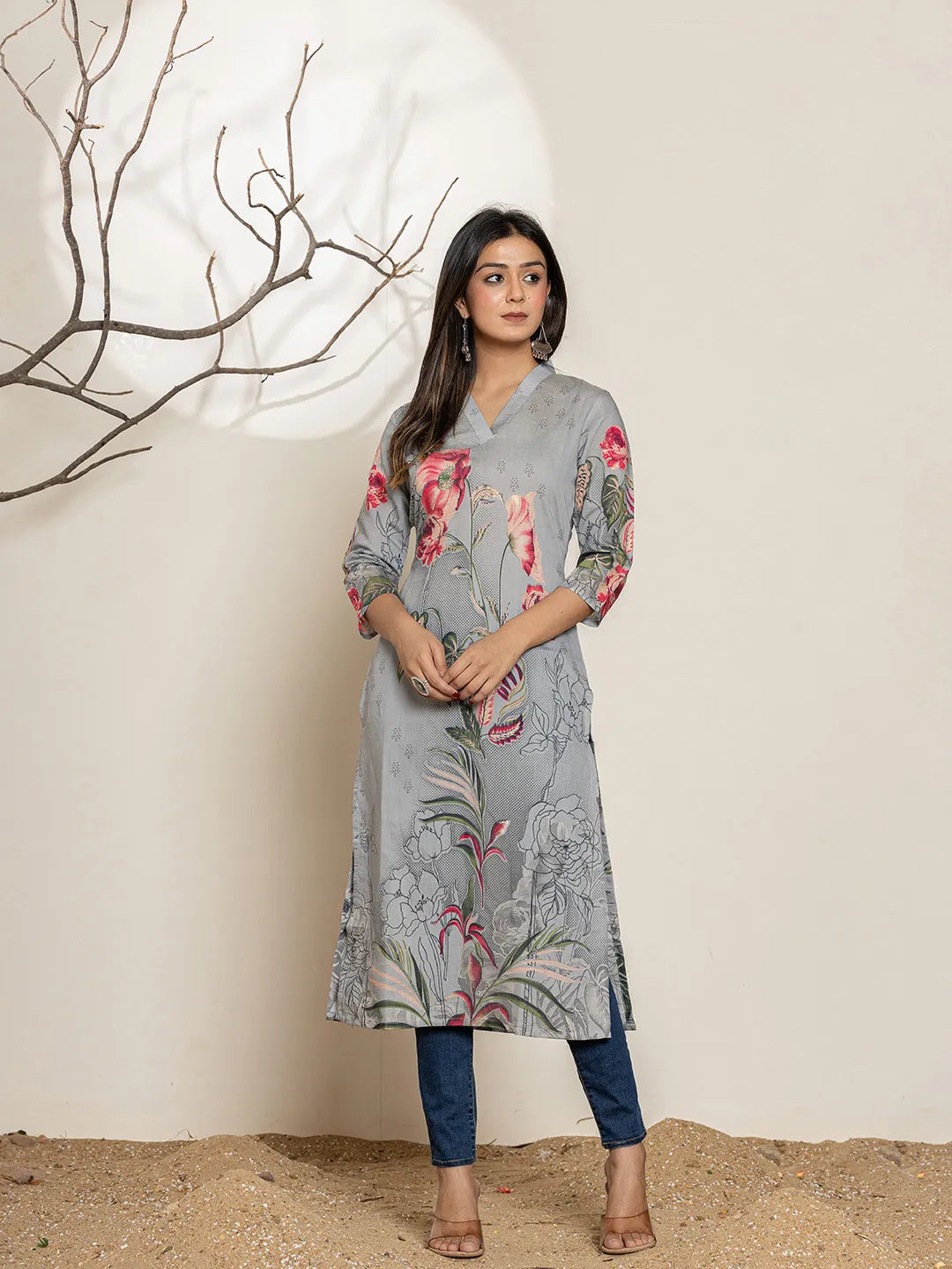 Grey Silk Blend Digital Floral Print Kurta-Yufta Store-6999KURGYS