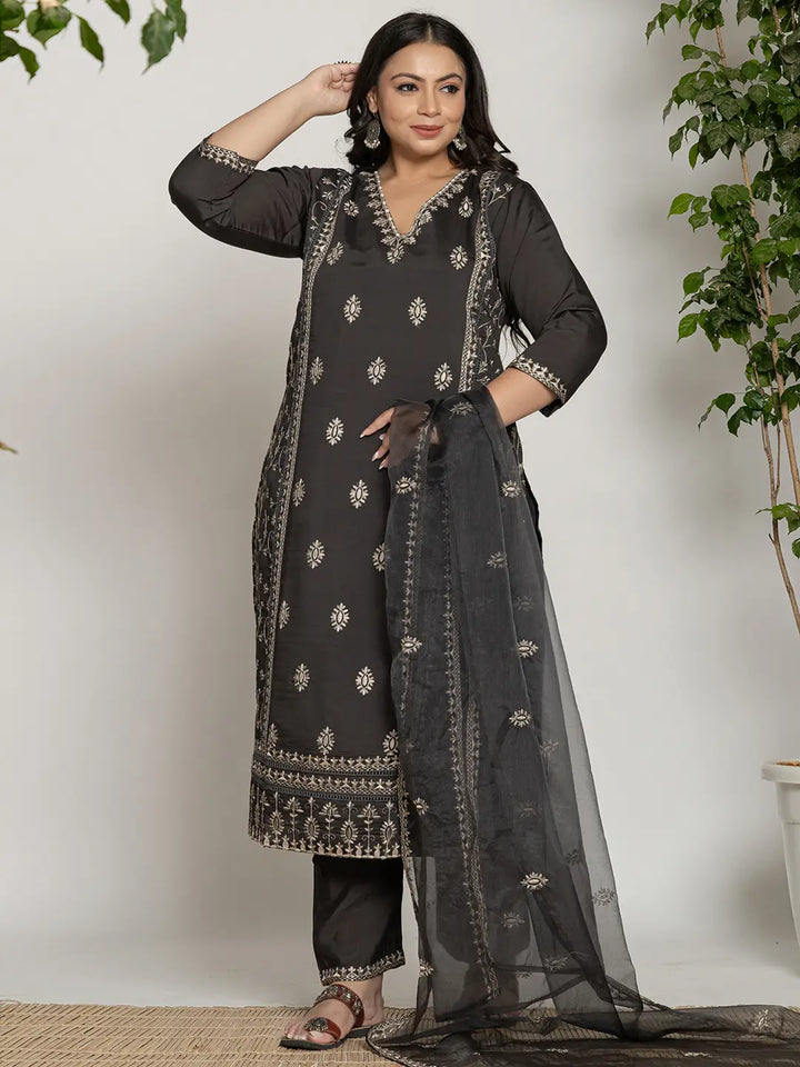 Grey Silk Plus Size Kurta Dupatta Pant Set-Yufta Store-7283PSKDGY3XL