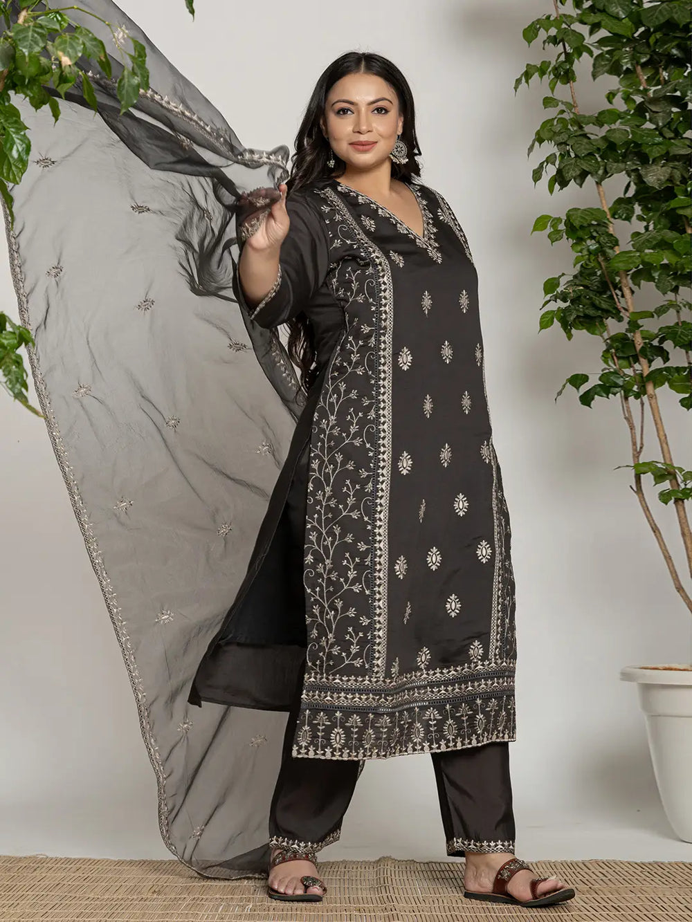 Grey Silk Plus Size Kurta Dupatta Pant Set-Yufta Store-7283PSKDGY3XL