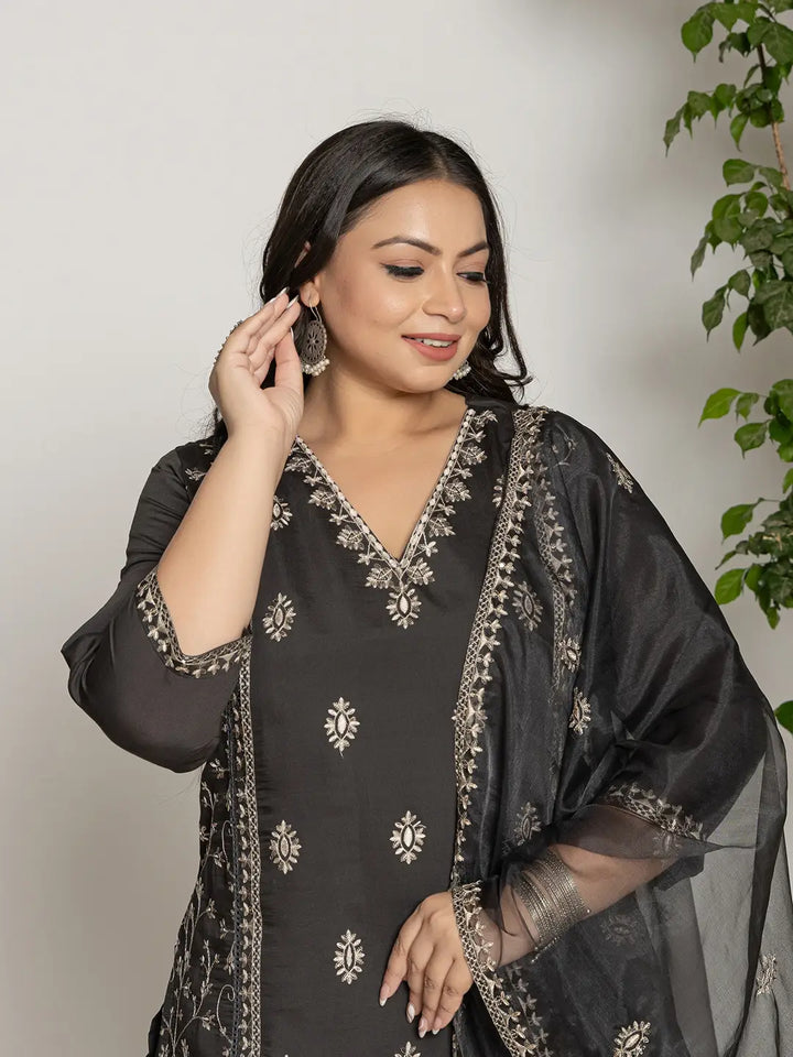 Grey Silk Plus Size Kurta Dupatta Pant Set-Yufta Store-7283PSKDGY3XL