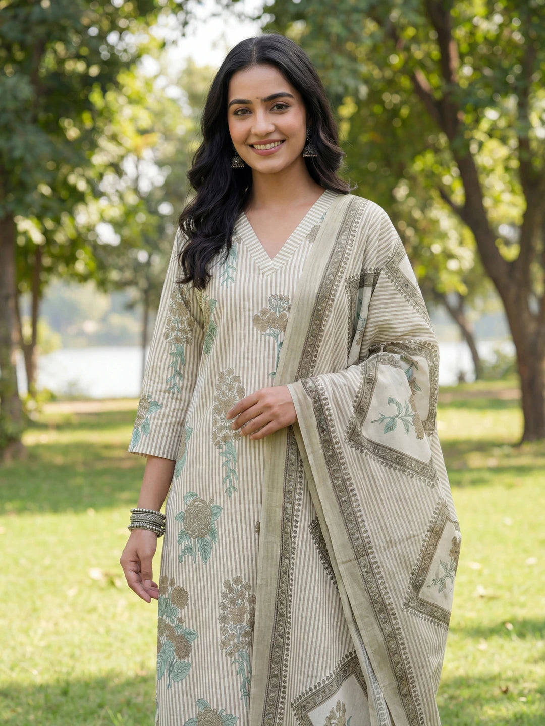 Grey Straight Design Striped And Floral Print With This Kurta Trouser Dupatta Set-Yufta Store-7685SKDGYM