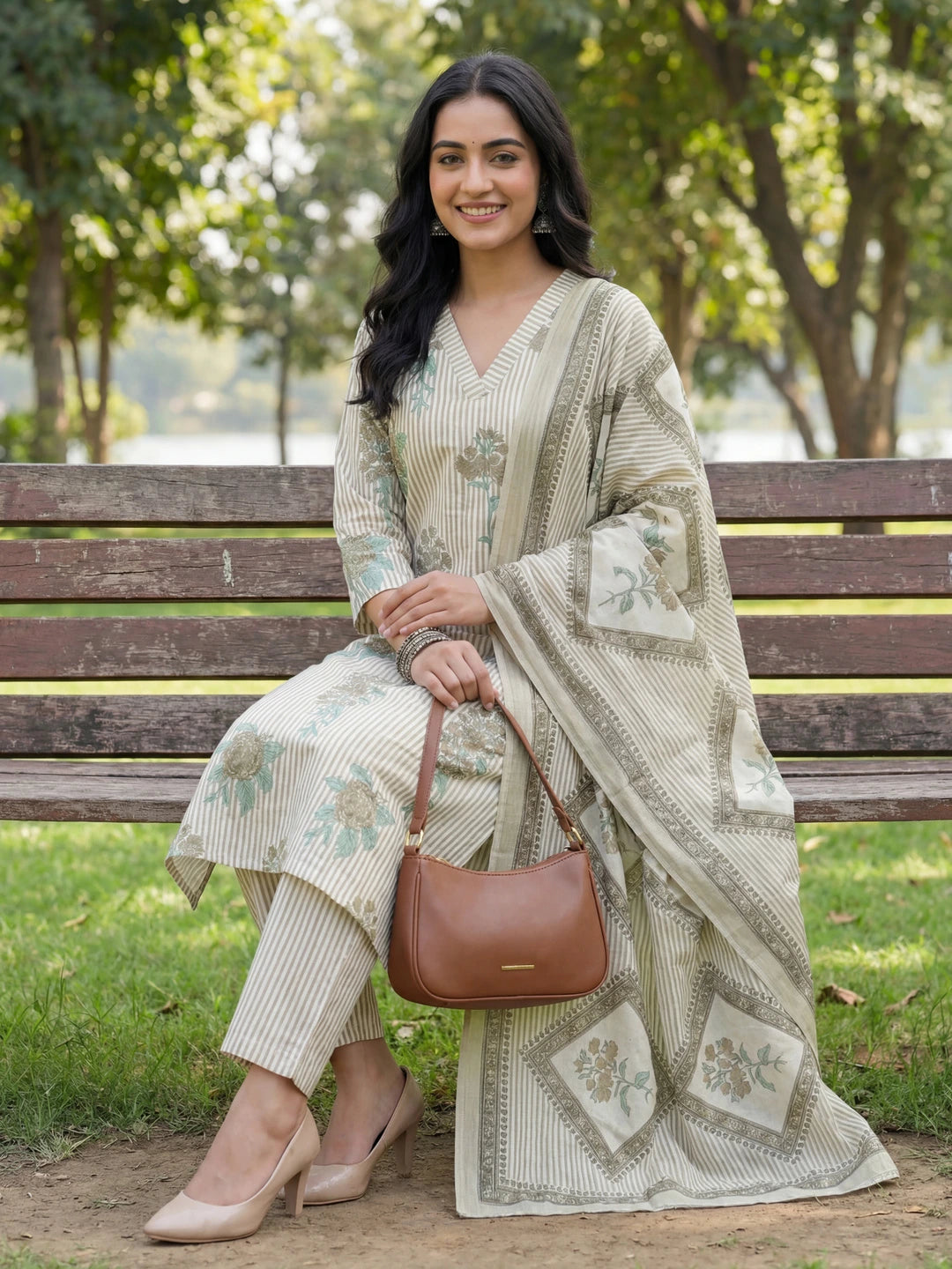 Grey Straight Design Striped And Floral Print With This Kurta Trouser Dupatta Set-Yufta Store-7685SKDGYM