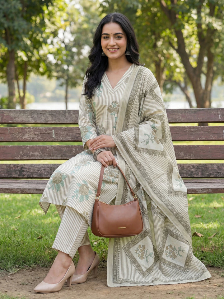 Grey Straight Design Striped And Floral Print With This Kurta Trouser Dupatta Set-Yufta Store-7685SKDGYM