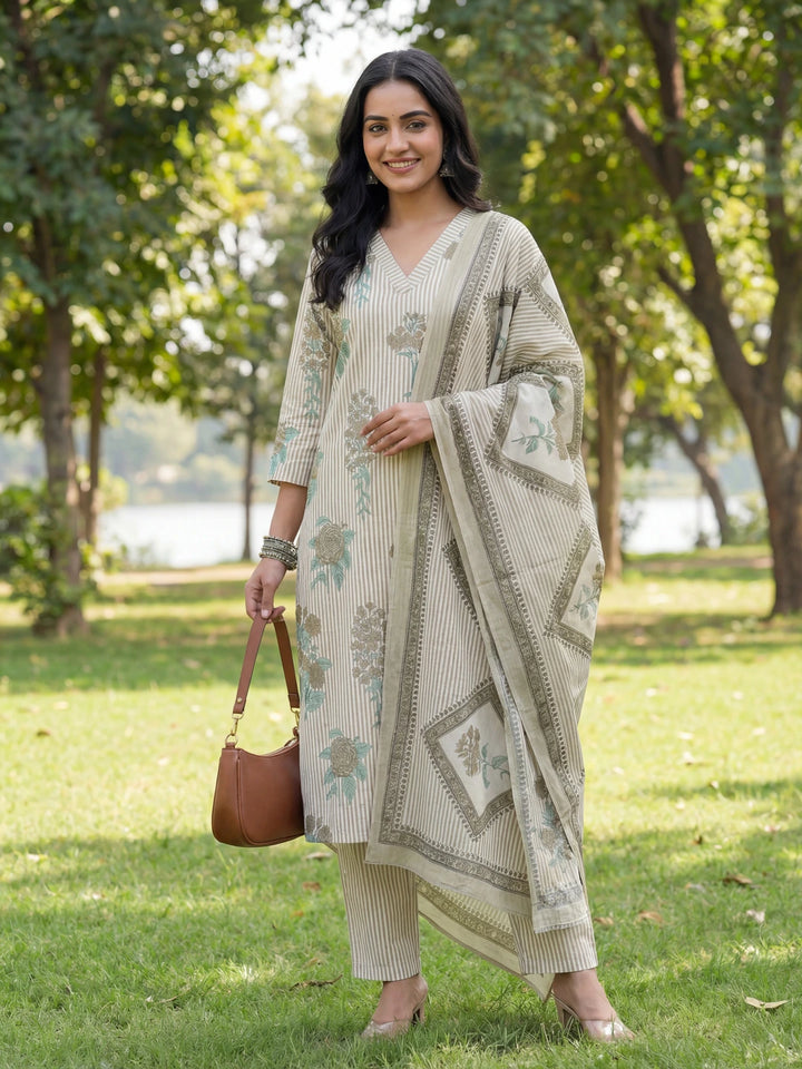 Grey Straight Design Striped And Floral Print With This Kurta Trouser Dupatta Set-Yufta Store-7685SKDGYM