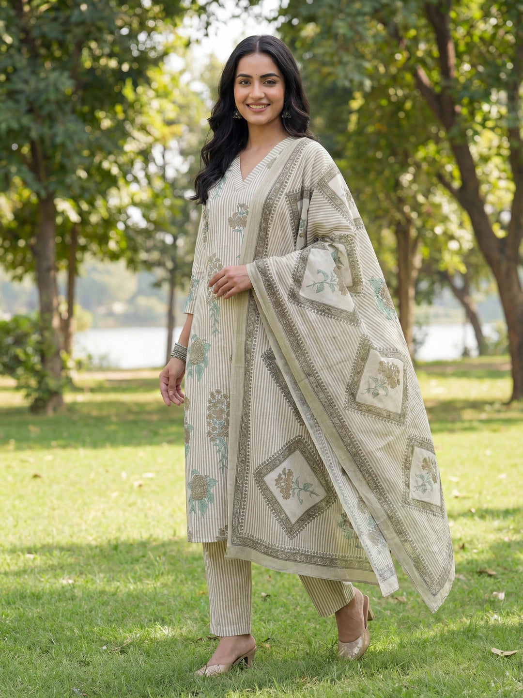 Grey Straight Design Striped And Floral Print With This Kurta Trouser Dupatta Set-Yufta Store-7685SKDGYM