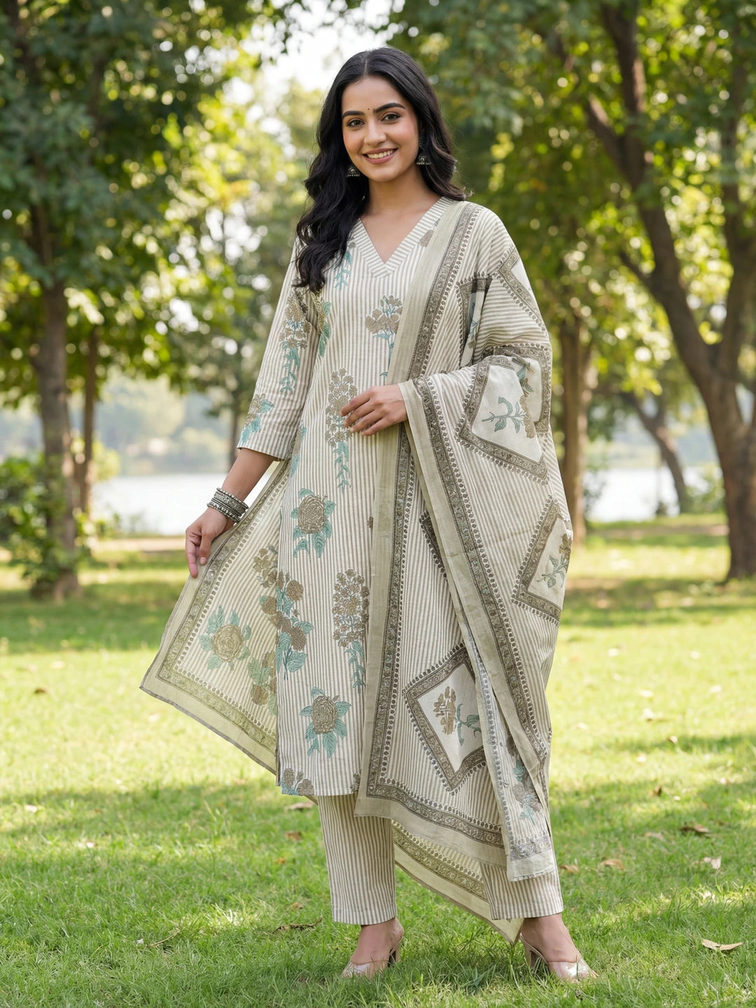 Grey Straight Design Striped And Floral Print With This Kurta Trouser Dupatta Set-Yufta Store-7685SKDGYM