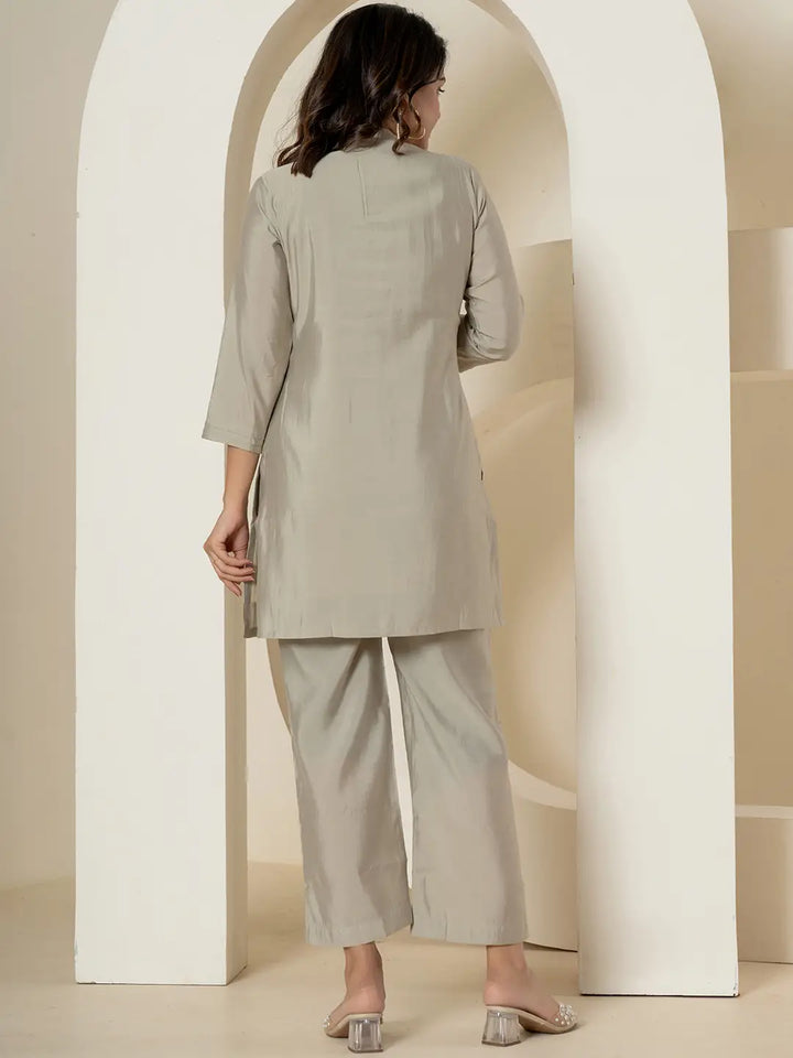 Grey Thread_Work Shirt And Trouser Silk Blend Co-Ord Set-Yufta Store-7287CRDGYS