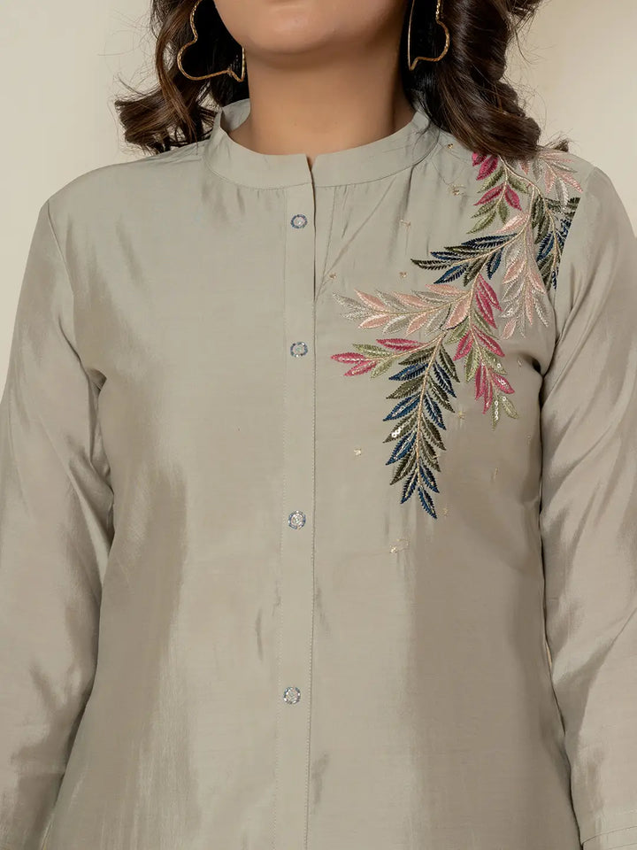 Grey Thread_Work Shirt And Trouser Silk Blend Co-Ord Set-Yufta Store-7287CRDGYS