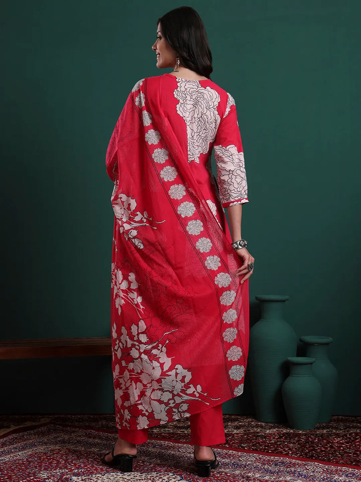 Hot Pink Cotton Floral Print A-Line Kurta Pants & Dupatta Set