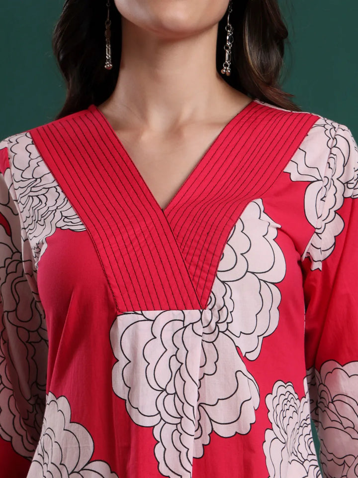 Hot Pink Cotton Floral Print A-Line Kurta Pants & Dupatta Set