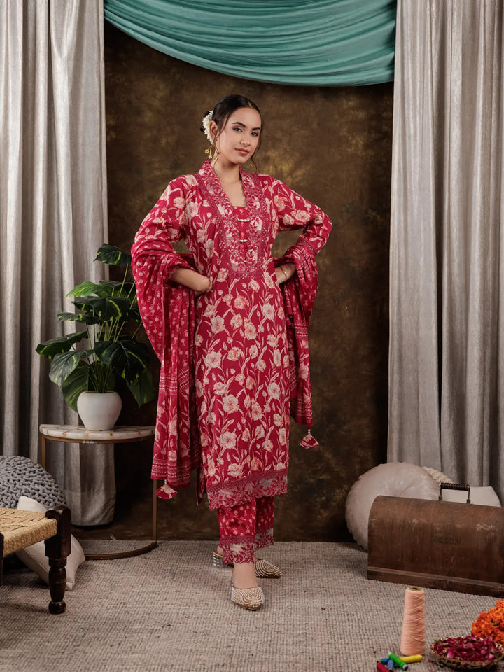 Hot Pink Floral Print Pure Cotton Beads Straight Kurta Dupatta Set With Lace Detailing-Yufta Store-7181SKDHPS