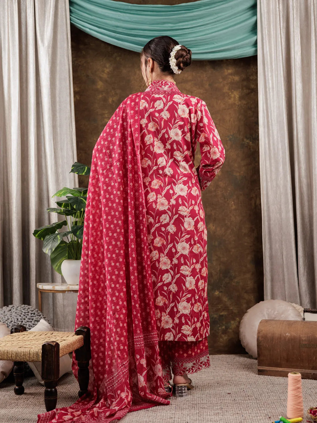 Hot Pink Floral Print Pure Cotton Beads Straight Kurta Dupatta Set With Lace Detailing-Yufta Store-7181SKDHPS