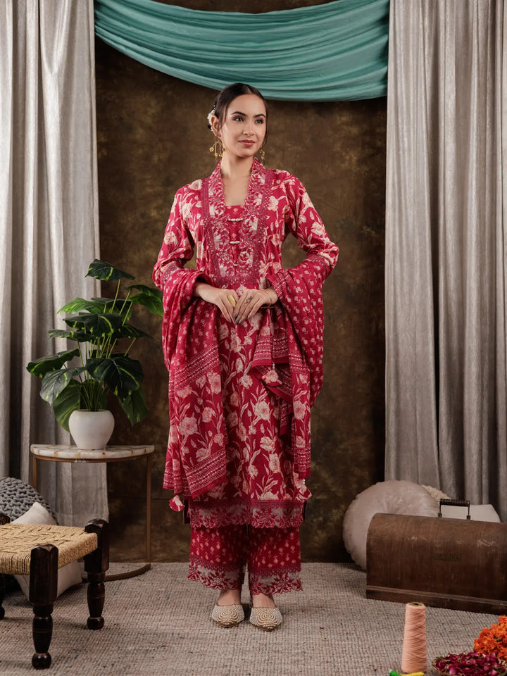 Hot Pink Floral Print Pure Cotton Beads Straight Kurta Dupatta Set With Lace Detailing-Yufta Store-7181SKDHPS