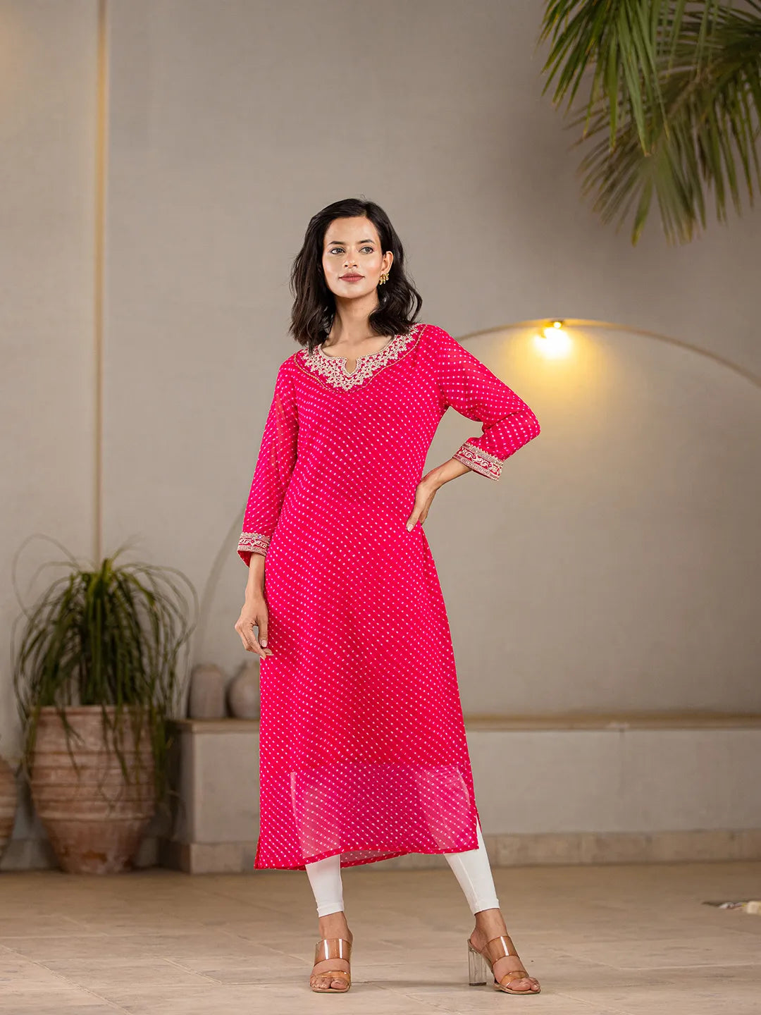 Hot Pink Georgette Lehriya Embroidery Kurta-Yufta Store-1772KURHPS