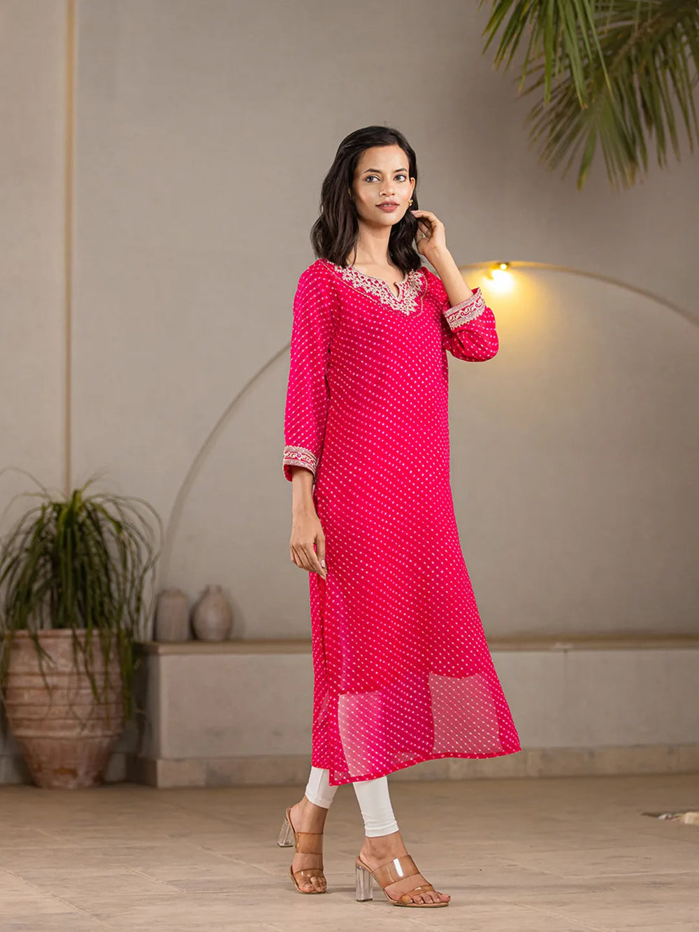 Hot Pink Georgette Lehriya Embroidery Kurta-Yufta Store-1772KURHPS