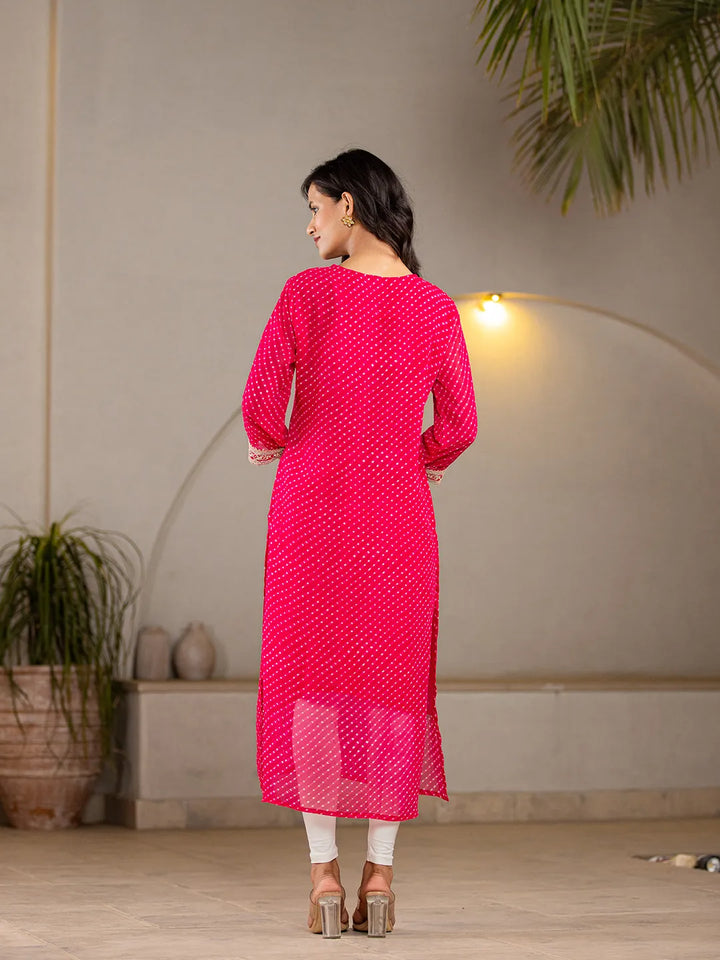 Hot Pink Georgette Lehriya Embroidery Kurta-Yufta Store-1772KURHPS