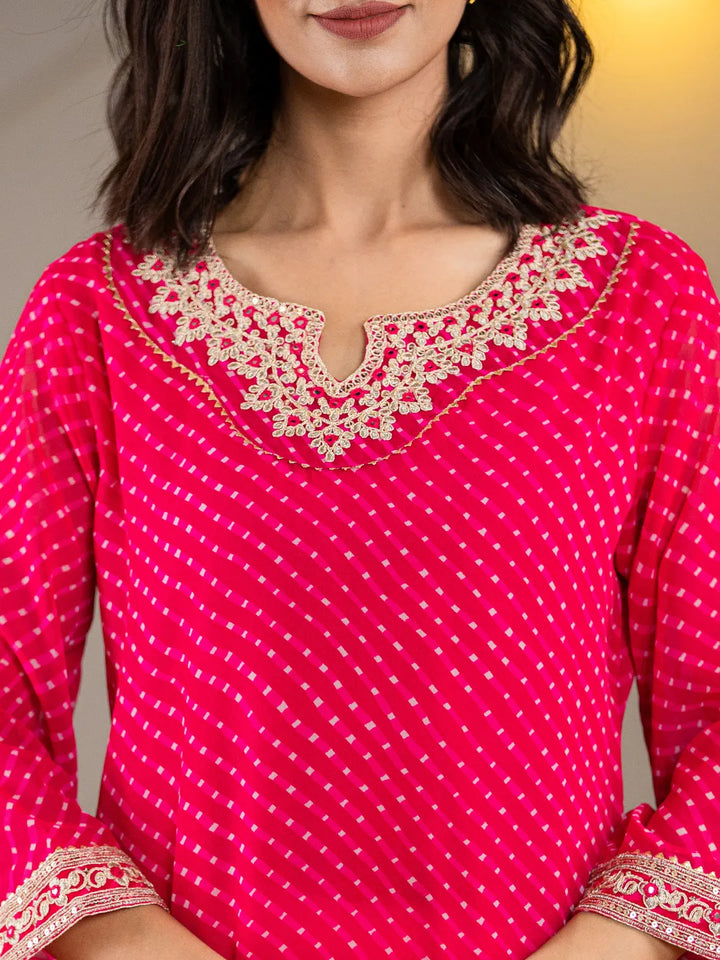 Hot Pink Georgette Lehriya Embroidery Kurta-Yufta Store-1772KURHPS