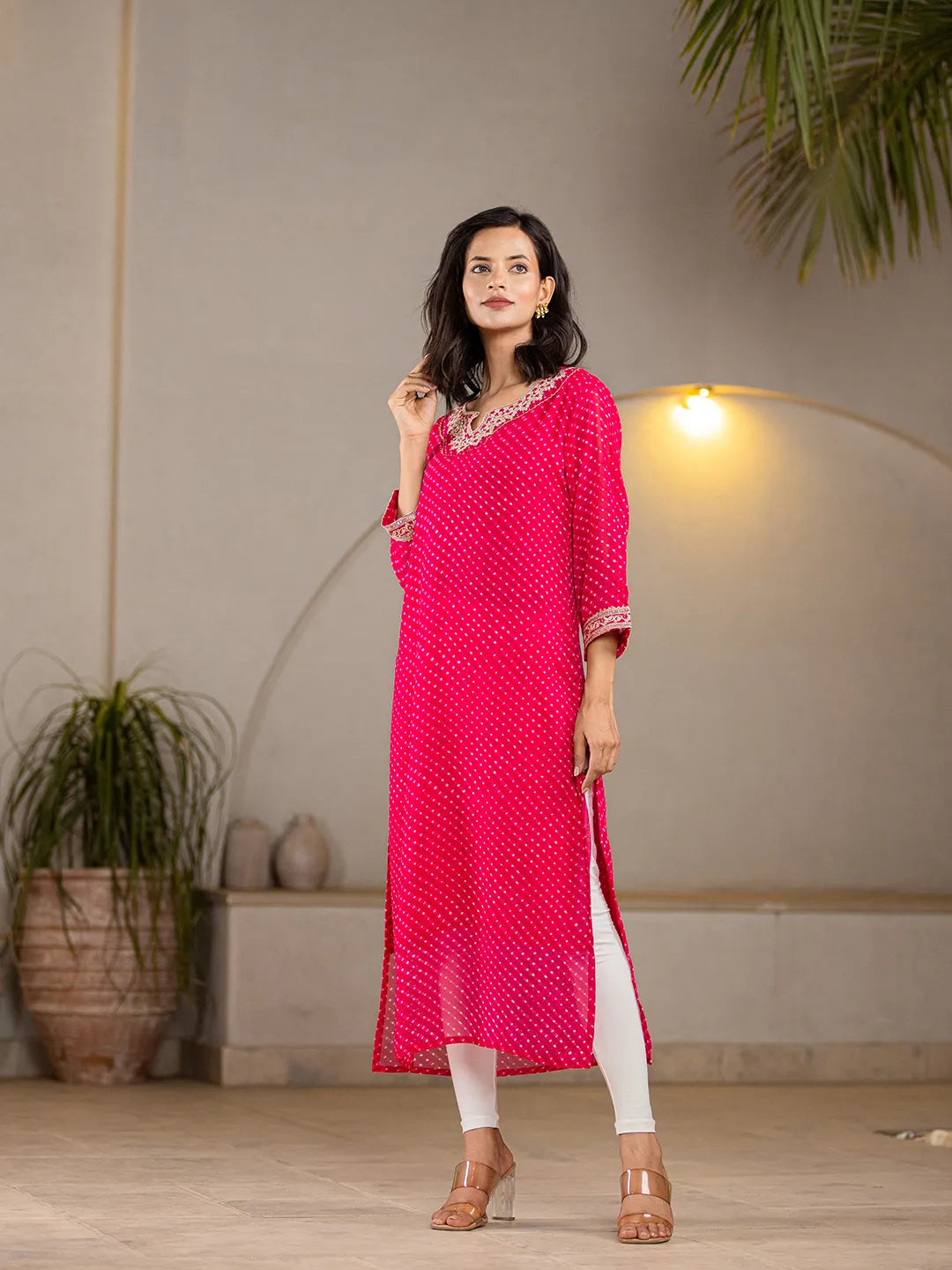 Hot Pink Georgette Lehriya Embroidery Kurta-Yufta Store-1772KURHPS