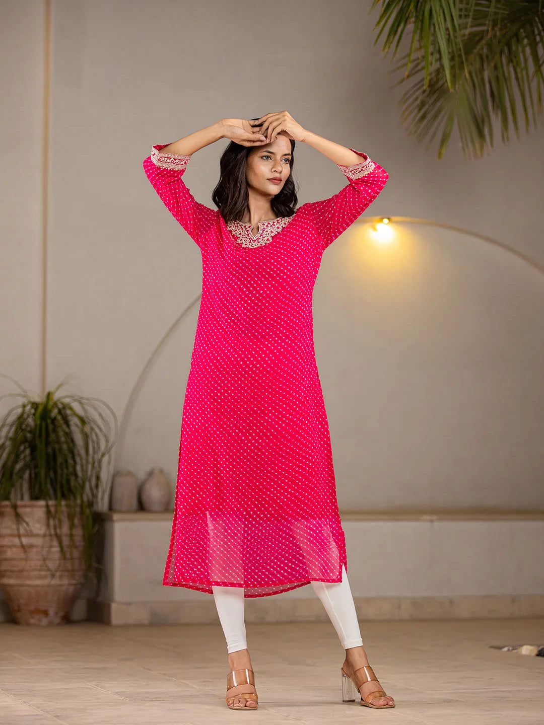 Hot Pink Georgette Lehriya Embroidery Kurta-Yufta Store-1772KURHPS