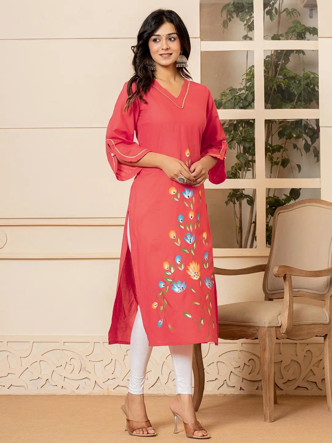 Hot Pink Hand Painted Straight Kurta-Yufta Store-6978KURHPS