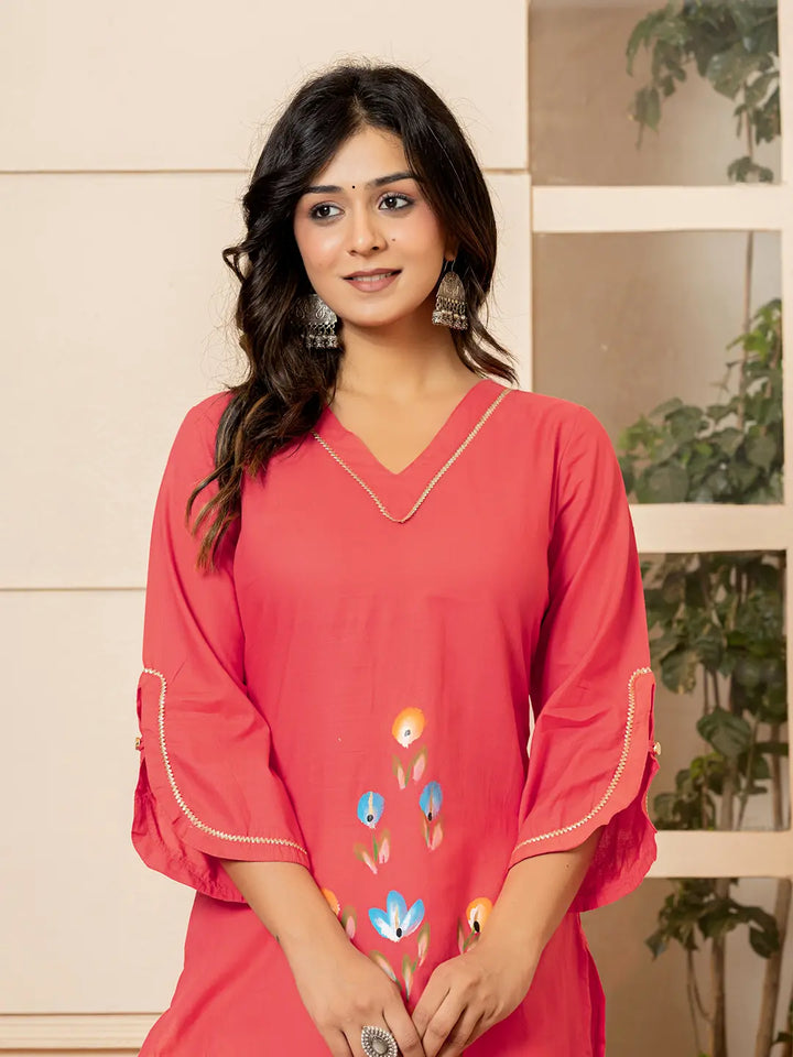 Hot Pink Hand Painted Straight Kurta-Yufta Store-6978KURHPS